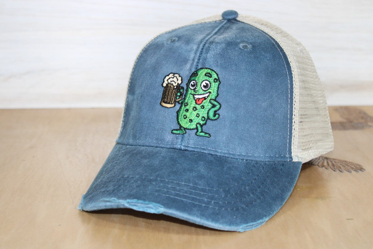 Distressed Pickle Palooza Beer Drinking Embroidered Hat Navy