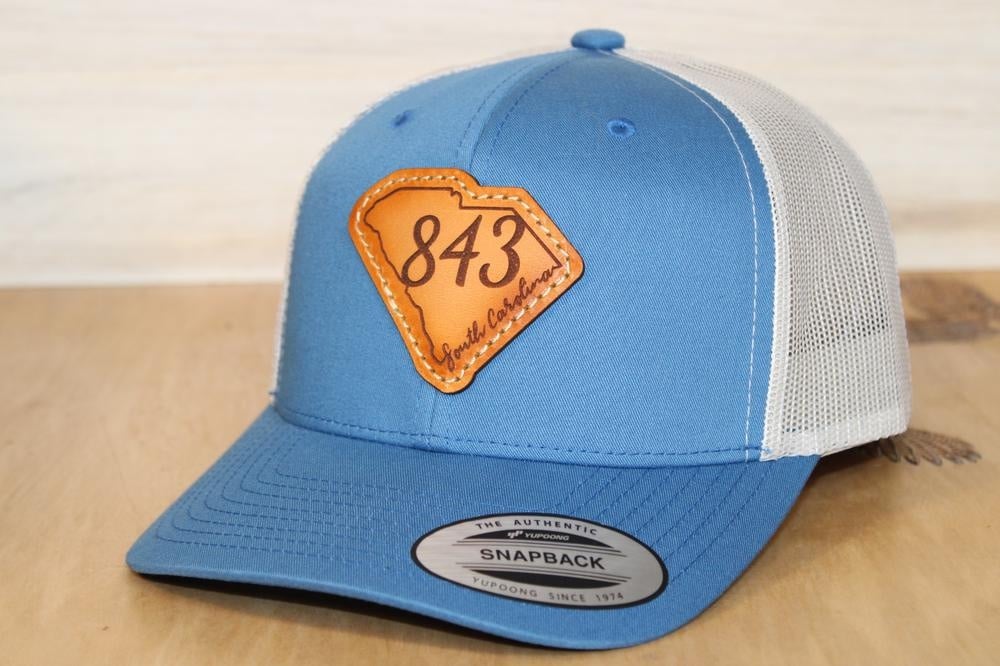 Yupoong blue 843 leather patch hat