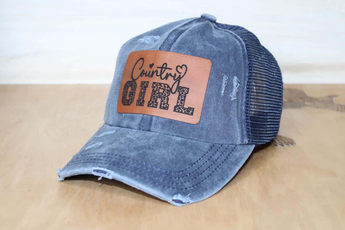 blue country girl criss cross ponytail patch hat