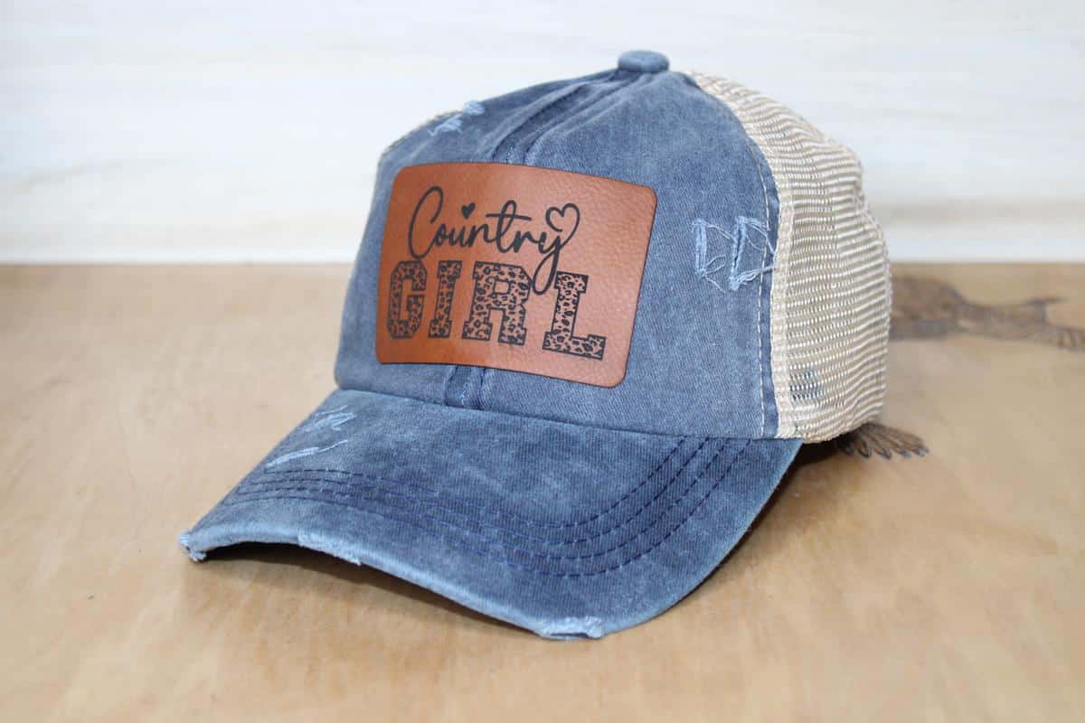 blue criss cross ponytail leather patch hat