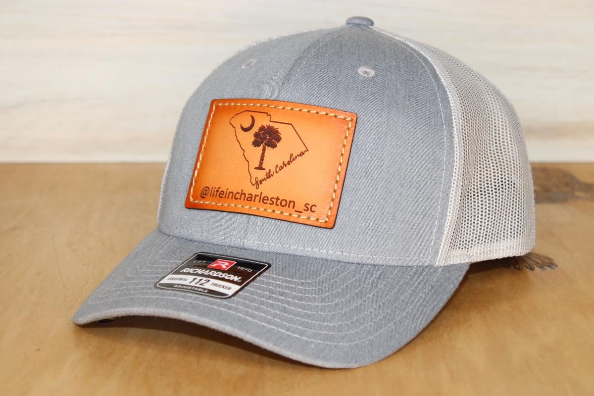 grey company logo leather patch hat