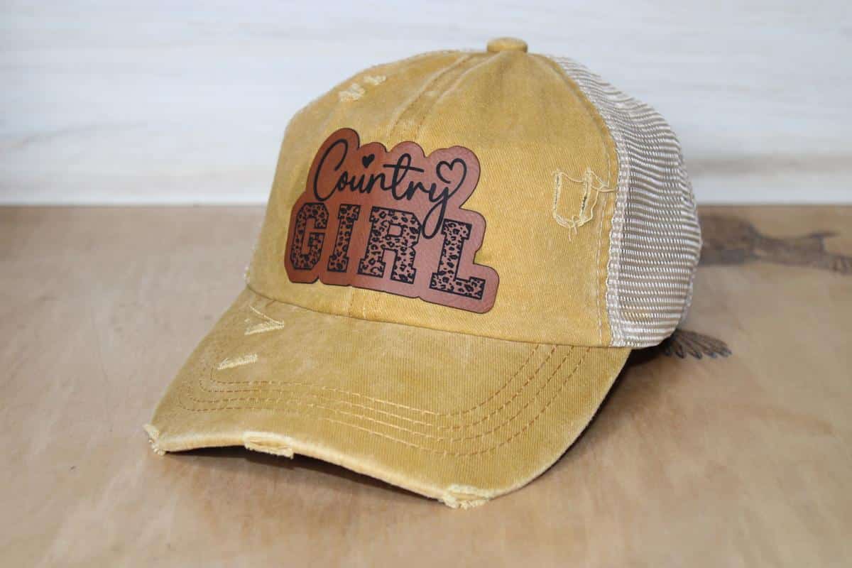 country girl leather patch ponytail hat