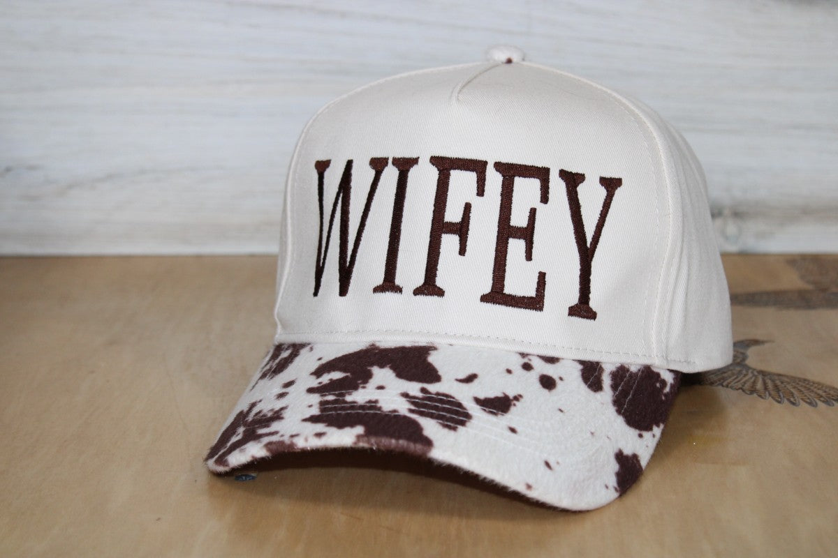 Brown cow print wifey embroidered hat
