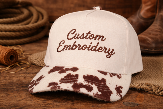 White cap with brown cowhide pattern and 'Custom Embroidery' text on a rustic wooden background.