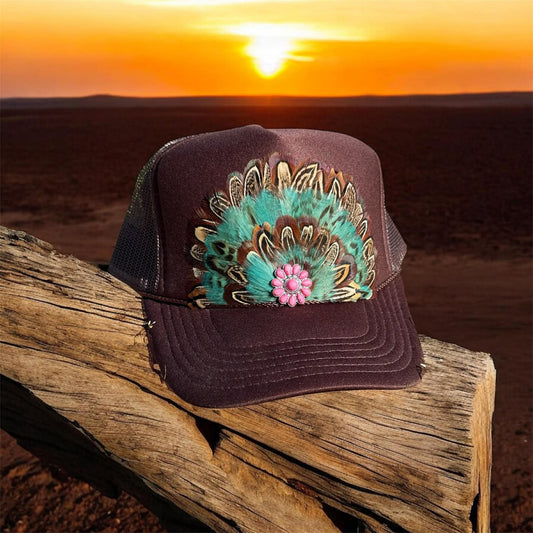 Custom Brown and Feather Trucker Hat