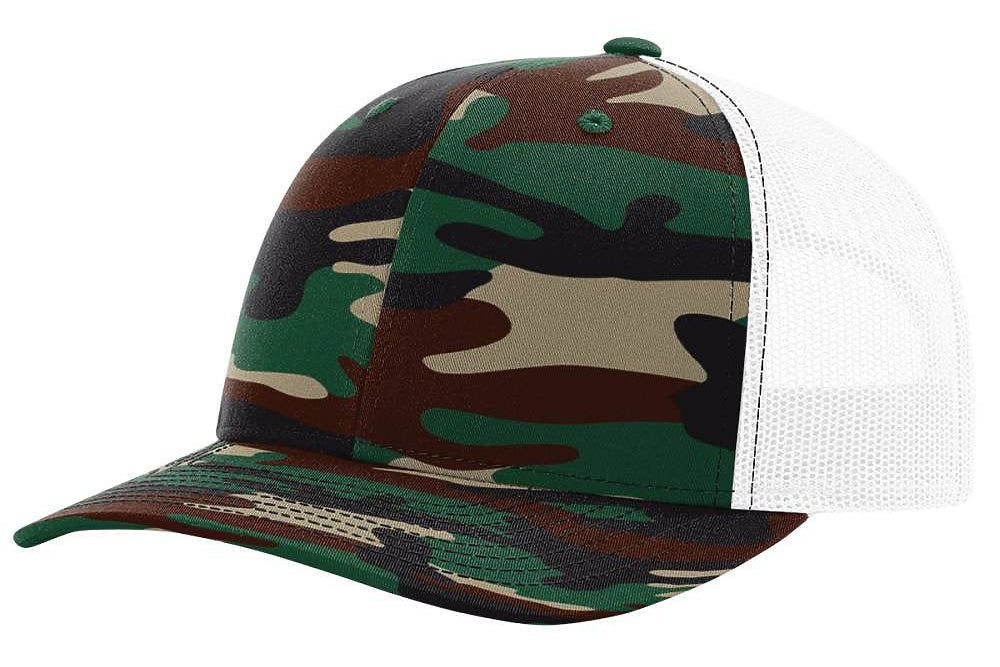 Camouflage baseball cap with white mesh back on a white background