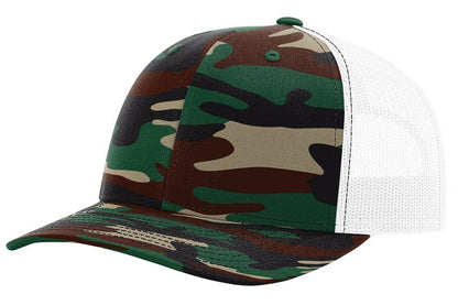 Camouflage baseball cap with white mesh back on a white background