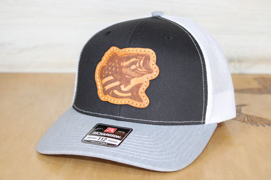 Black and gray cap with bass fishing leather patch
