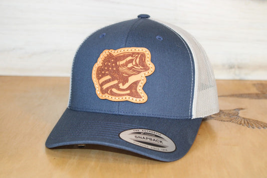 Blue and white cap with a fishing leather patch