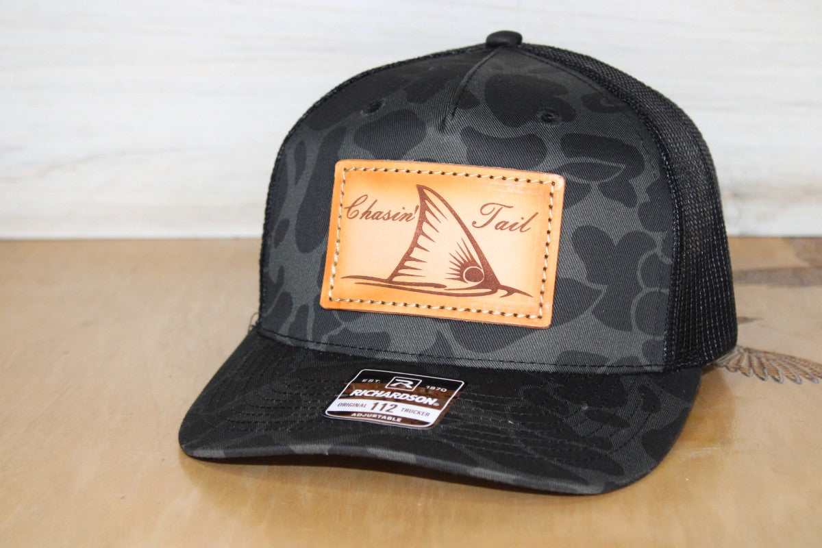 Redfish Chasin' Tail Camo Leather Patch Hat