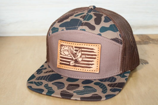 Wood Duck Old School 7 Panel Camo Leather Patch Hat