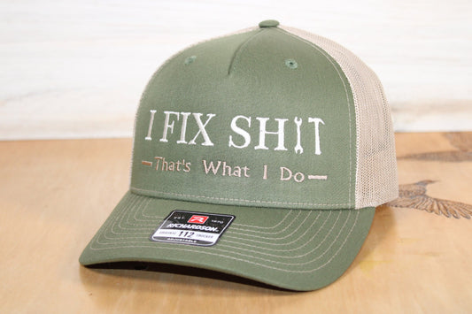 Green and beige cap with text I Fix Shit Embroidered