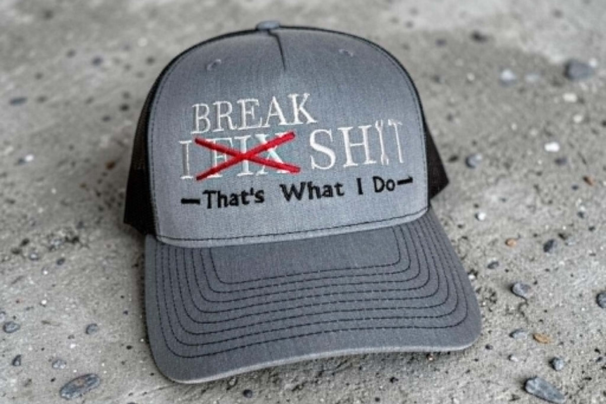 Gray cap with I break shit embroidered