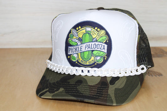 Pickle Palooza Trucker Hat camo with white dazzling chain