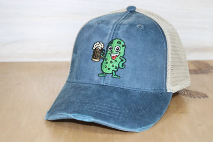 Distressed Pickle Palooza Beer Drinking Embroidered Hat Navy