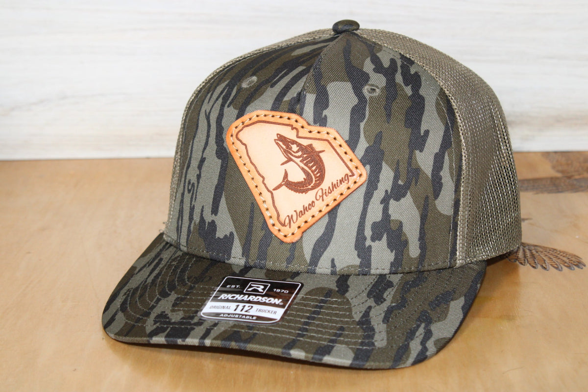 Camouflage leather patch hat with wahoo fish engraved