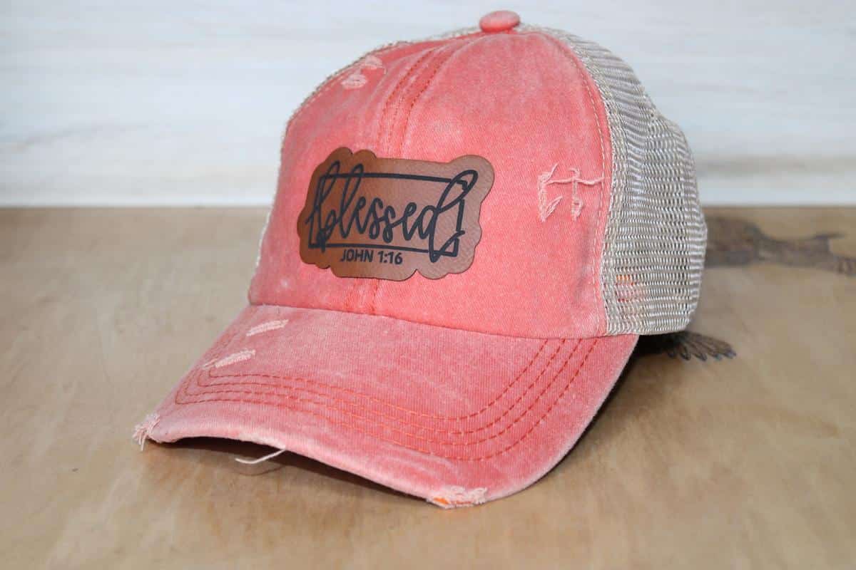 blessed leather patch ponytail hat