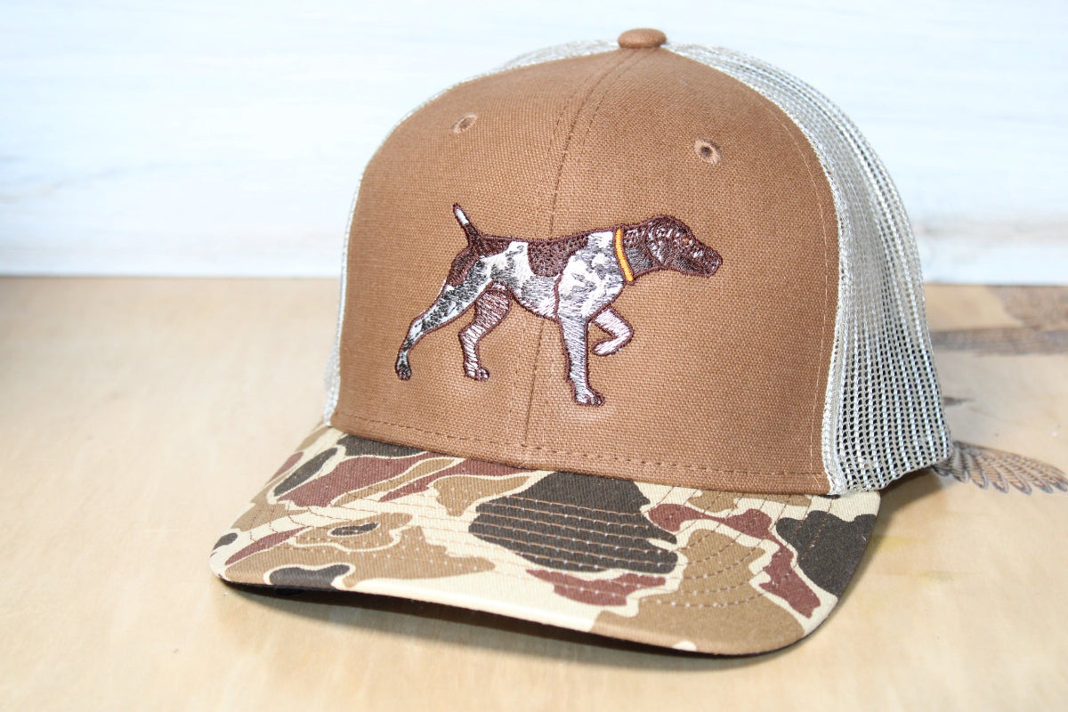 Brown cap with camouflage brim and embroidered gsp dog
