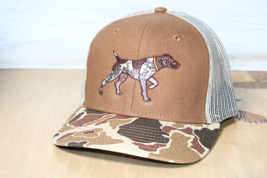 Brown cap with camouflage brim and embroidered gsp dog