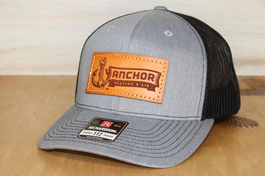 grey company logo leather patch hat