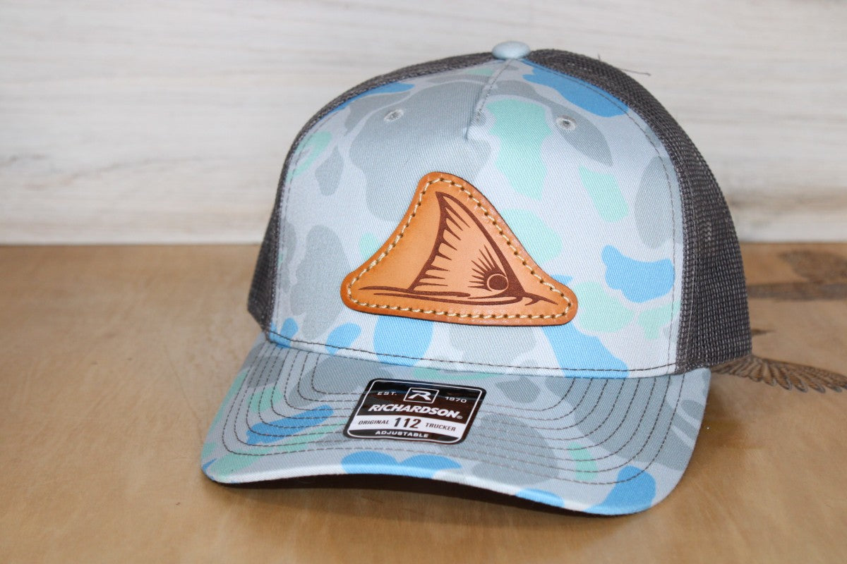 redfish tail leather patch hat saltwater camo